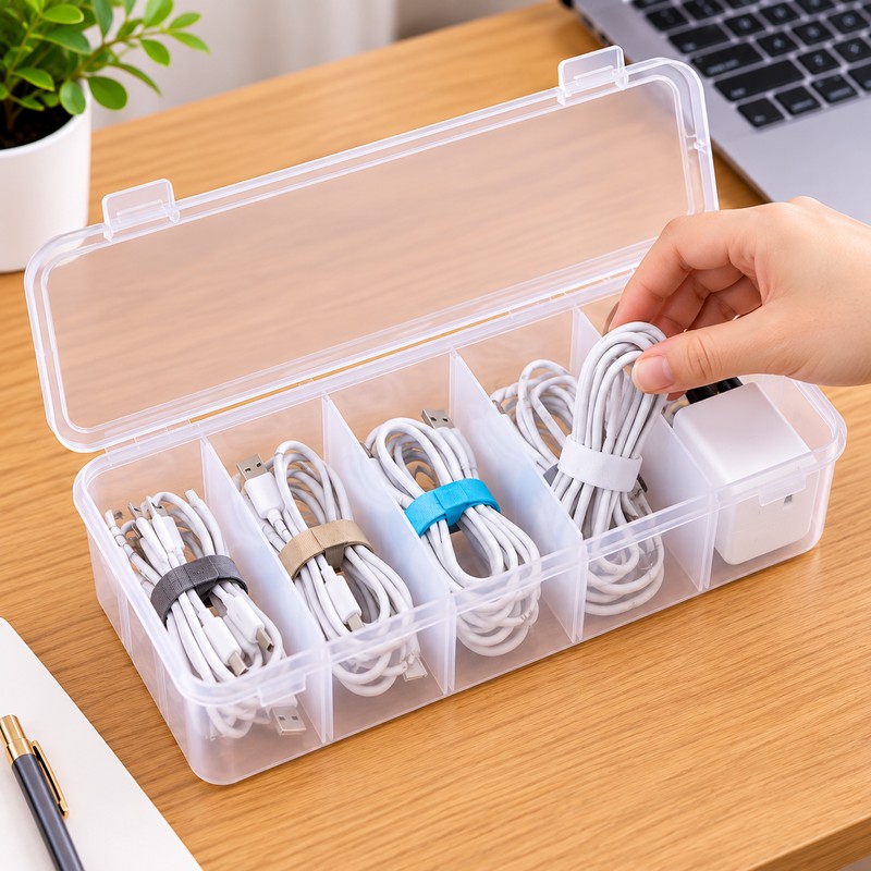 Clear Cable Organizer Box for Charging Cords and Accessories –