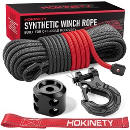 HOKINETY Synthetic Winch Rope Kit - 1/4" x 50' 10000 lbs Synthetic Winch Cable for ATV UTV Off-Road Vehicles with Forged Hook, Rubber Stopper, Protective Sleeve and Safety Pull Strap - Grey