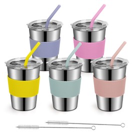 Rommeka Kids Cups with Straws and Lids Spill Proof, 5 Pack 12oz Stainless Steel Sippy Cup with Colorful Silicone Sleeves, Durable Drinking Cups for Kids and Toddlers
