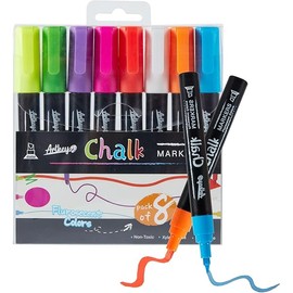 Artkey Neon Chalk Markers Set - 8 Pack with Reversible Tips (Chisel & Bullet) for Glass, Windows & Non-Porous Surfaces - Vibrant Fluorescent Colors for Art & Craft Projects