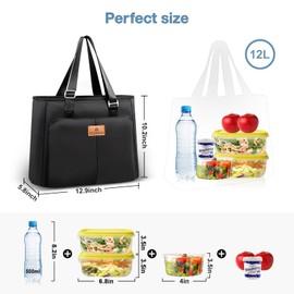 HSHRISH Lunch Bags for Women, Insulated Lunch Tote Bags 12L, Reusable Waterproof Leakproof Cooler Bag, Adjustable Shoulder Bag for Adults Work Shopping Picnic Beach Outdoor, Black
