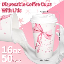 JarThenaAMCS 50 Pcs Pink Bow Coffee Paper Cups A Tini Bit Older Coquette Bowknot 16oz Disposable Cups with Lids for Hot Cold Drinks Birthday Bachelorette Party Supplies