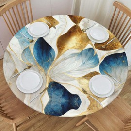 Delerain Blue Gold Marble Round Fitted Tablecloth, Waterproof Round Table Cloth with Elastic Edged Washable Table Cover for Indoor Outdoor Fits 45"-50" Tables, Medium