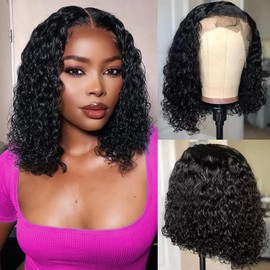 Shesbeauty 13x4 Deep Wave Bob Wig Human Hair 12 Inch Short Bob Wigs HD Lace Front Wigs Human Hair Pre Plucked 180 Density Curly Human Hair Wig Glueless Natural Color Lace Frontal Wigs for Black Women