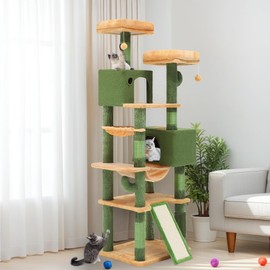 DWVO Cactus Cat Tree for Large Cats: 76" Tall with Self-Grooming Brush, Cute Kitten Climbing Tower for Indoor Kittens with Cat Condo, Top Perch, Basktet, Sisal Scratching Posts, Dangling Ball