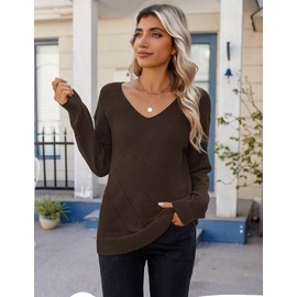 Zeagoo Womens Fall Sweaters Crochet Long Sleeve V Neck Lightweight Pullover Tops Dressy Casual Outfits Brown