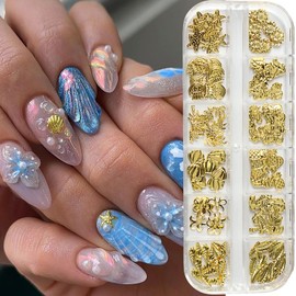 12 Grids Summer Nail Charms 3D Gold Nail Art Charms Palm Tree Starfish Flower Pineapple Design Metal Mixed Shape Nail Art Supplies Cute Nail Jewelry Charms for Women Girls DIY Manicure Decorations
