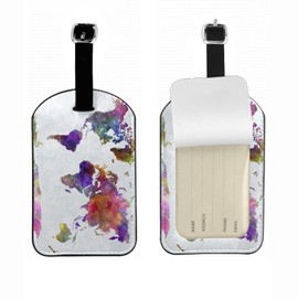 Zoczos World Map Luggage Tag Identifier Watercolor Painting Color Purple Blue Continental Territory Travel Suitcase Baggage Bag Tag ID Labels with Leather Strap Privacy Cover, 1 Pack