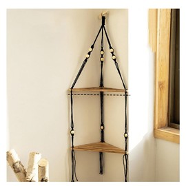 Yurosiay Macrame Wall Shelf Wooden Boho Hanging Shelf Wood Hand-Woven Macrame Floating Shelf Natural Cotton Rope Shelf Wall Boho Wall Hanging Triangles Hanging Shelf for Bedroom 95 x 32.5 cm Black 1#