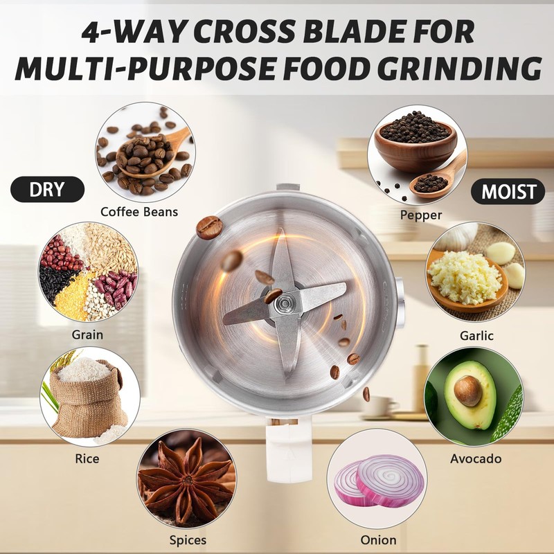 Electric Grinder for Kitchen, 800W Spice Grinder with Detachable Bowl