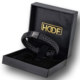 Hoof Men's Bracelet Real Leather Jewellery Black Braided Bangle with ‘Carpe Diem’ Engraving Elegant Box Gift Father's Day Christmas Friends Partner up to XXXL, Stainless Steel, Black