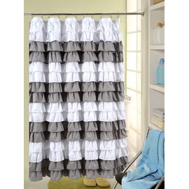 spring Home Waterfall Ruffled Fabric Shower Curtain Size 72 x 72 inch (Strip White/Sliver)