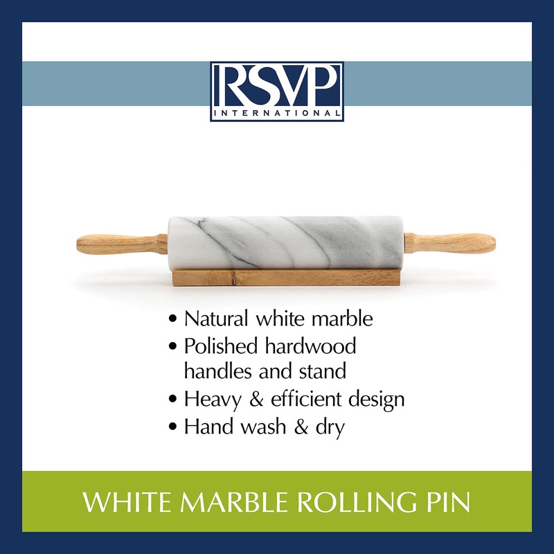 RSVP International RPW-10 White Marble Rolling Pin for Baking &