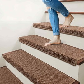 Brakki Bullnose Carpet Stair Treads, Non Slip Stair Treads for Wooden Steps Indoor, Stair Runner, Soft Stair Rugs for Pets, Edging Stair Protectors, Washable, 29.5"x9.5"x1.5" 7pcs, Camel Brown