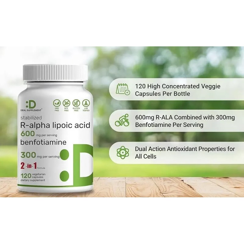 Ácido R-alfa Lipoico 600 Mg Con Benfotiamina 300 Mg 120