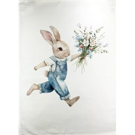 Half a Donkey Rabbit in dungarees with flowers large cotton tea towel