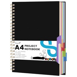 Koogel - Cuaderno A4 en espiral con 200 páginas y divisores para mujer, cuaderno de 5 asignaturas para trabajo, regreso a clases y regalo, negro