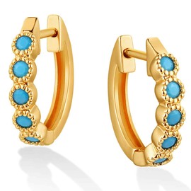 GUEMER Gold Chunky Turquoise Huggie Hoop Earrings 14K Gold Plated Dainty Thick Hoop Round Ear Cuff Cute Small Sleeper Mini Turquoise Huggy Earrings Women Gift for Her
