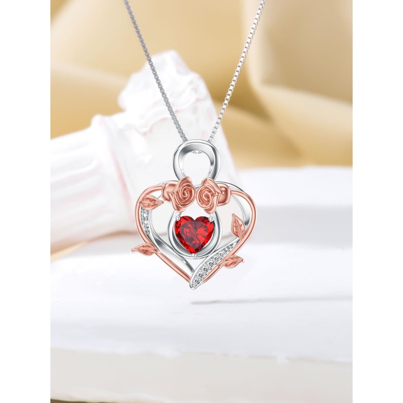 Dorunmo Infinity Heart Necklace 925 Sterling Silver Red Garnet Rose