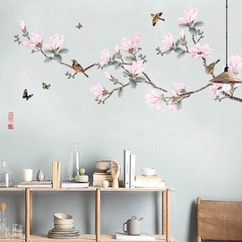 Flowers and Birds Wall Stickers,Floral Wall Mural Decal for Living Room,Removable Stickers for Walls Decoration,Leaf Peel and Stick Wall Decal Peach Blossoms Tree Branch (Pink Flowers and Butterflies)