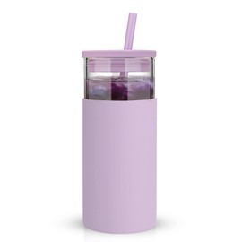 Tronco 20 oz Glass Tumbler With Lids and Straws, Reusable Smoothie Cups With Silicone Lid, Iced Coffee Cup With Silicone Protective Sleeve, Dishwasher Safe- BPA Free（Light Purple 1 Count）
