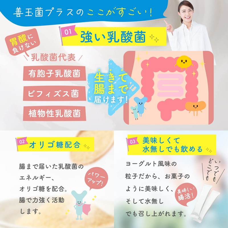 善玉菌プラス 生きている乳酸菌 サプリ 美味しい粒子タイプ ヨーグルト味 1ヶ月分 30袋 （1日/1袋）