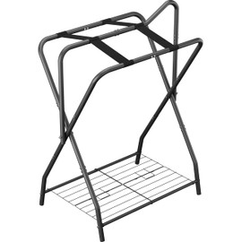 Queension Foldable Saddle Rack for Horse Stable Equipment, Portable Horse Saddle Stand with Bottom Storage for English & Western Saddles, Saddle Pad Rack for Horse tack, Horses Blanket, Black