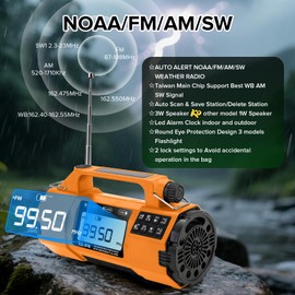 Auto NOAA Emergency Weather Radio, AM/FM/SW Solar Hand Crank Radio with Larger Flashlight/Speaker, Clock, 5000mAh Battery Operated Radio with SOS Alert for Indoor/Outdoor Camping Emergencies