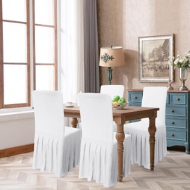 Babenest 2pcs Spandex Skirt Style Chair Covers, Stretch Fabric Removable Washable Chair Protector with Long Skirt, Anti-Dirty Skirted Chair Slipcover for Weddings Banquet Dining Party Ceremony (White)