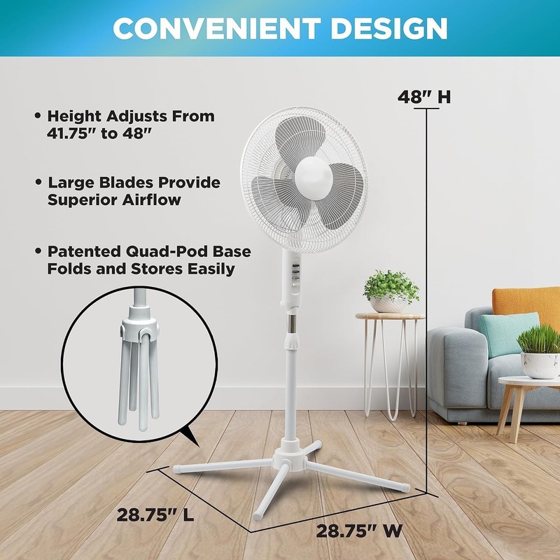 EZ-CHILL 16” Oscillating Pedestal Fan, 3-speed Options, 90-Degree Oscillating Head,