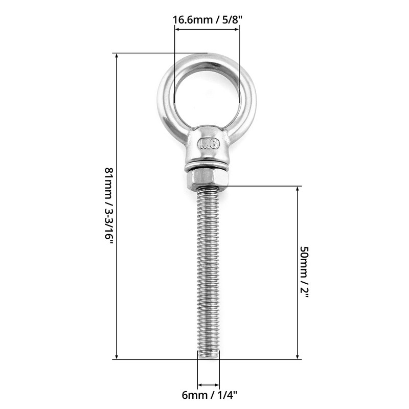 QWORK Threaded Eyebolts, 10 Pack 1/4" x 2" Long Stainless