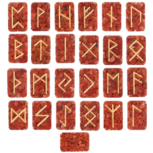 Rockcloud Resin Red Jasper Crystal Rune Stone Set, Engraved Lettering Elder Futhark Alphabet for Reiki Healing Meditation Divination, Red