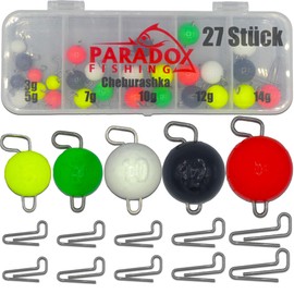Paradox Fishing Cheburashka Lead Set I 27 Leads (3g/5g/7g/10g/12g/14g) Each 4/5 Pieces with Box (59 Pieces) I Lead for Offset Hooks - Dropshot Lead Drop Shot Lead Jig Heads - Angel Lead (Colourful)