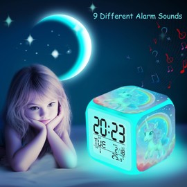 ZonleeApex Girls Alarm Clock Battery Operated Unicorn Decor for Girls Bedroom, Unicorn Kids Alarm Clock for Children Room with 7-Color Changing Nightlight (3.15x3.15x3.15 inch)