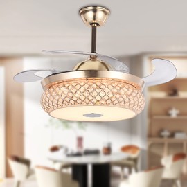 42" Modern Ceiling Fan with Light Remote Control, Crystal Chandelier Retractable Blades with Bluetooth Music Speaker, LED Fandelier Fan with 3 Lighting Colors for Living Room Dining Room Bedroom, Gold