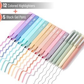 Mr. Pen- Aesthetic Highlighters and Gel Pens, 17 Pack, 12 Muted Pastel Highlighters No Bleed & 5 Black Ink 0.7mm Aesthetic Gel Pens