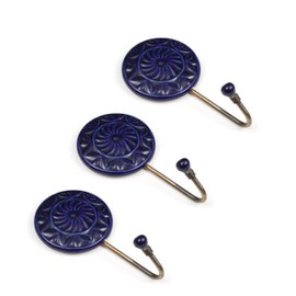 Alpha Living Home - Set of 3 Decorative Ceramic Wall Hooks – Handcrafted Round Coat Hooks for Towel, Bag, Hat, Robe – Farmhouse Wall Mounted Hook for Entryway, Bathroom, Kitchen – Antique Royal Blue