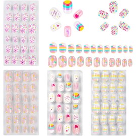 Pack of 96 False Nails for Children with Nail Glue - Pre Glue Full Cover Short Children's Nails Artificial Nail Tips - Ready to Wear Press On Gel Nails for Children Girls (Flower Pink C, Short)