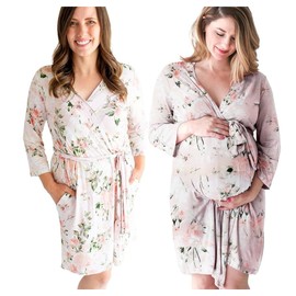 Posh Peanut Mommy Robe for Maternity, Labor Delivery Soft Nursing Lounge Wear, Viscose from Bamboo (Vintage Pink Rose - Robe - Small/Medium 0-6)