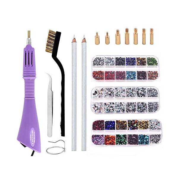 BLINGINBOX Hotfix Applicator 3 Boxes of 6000 pcs Rhinestone Applicator Set with 7 Different Sizes Nozzles Cleaning Kit Tweezers Brush for Clothes and Shoesï¼Purple)