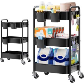 Three Tiered Art Cart Organizer on Wheels, Storage Utility Trolley Carts for Baby Nursery, Diaper Caddy, Craft, Nail, Lash, Makeup, Salon,Cleaning Supplies