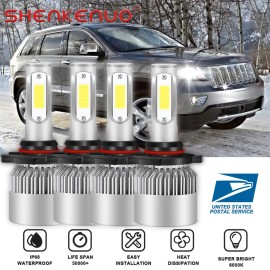SHENKENUO 4X 9005&9006 LED Bulbs For Jeep Grand Cherokee 1998 2000 2004 Super White 6000K