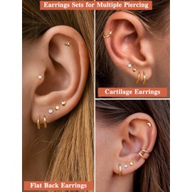 LOLIAS Hypoallergenic Surgical Steel Earrings for Sensitive Ears -14K Gold Plated Flat Back Earrings for Men- Small Stainless Steel Stud Hoop Earring Set-Gold Flatback Cartilage Earring 20G | LOLIAS