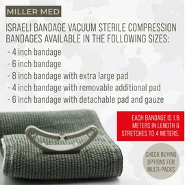 MillerMed Israeli Compression Bandage Vacuum Sealed to Effectively Stop/Reduce Blood Flow from a Trauma Wound. Many Choices (8 Inch with Large Pad)
