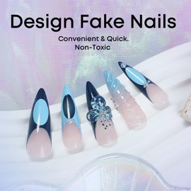 Blue French Tips Press on Nails 3D Curve Line Stick on Nails Long Stiletto 3D Flower Acrylic Fake Nails 24 Pcs Glossy Blue Gradient False Nails Pearl Gel Glue on Nails for Women Girls