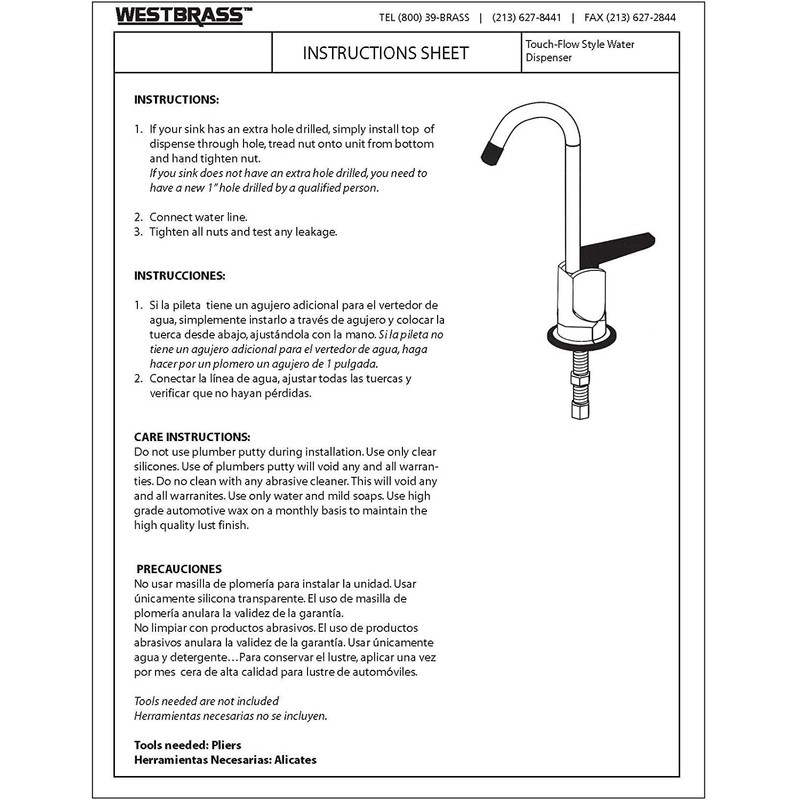 Westbrass D203-NL-20 6" Touch-Flo Style Pure Cold Water Dispenser Faucet,