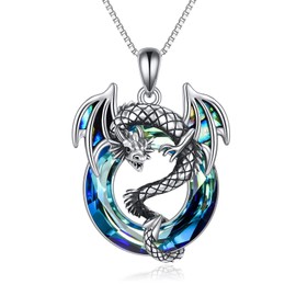 TOUPOP 925 Sterling Silver Dragon Necklace for Women, Dragon Gifts, Dragon Pendant, Gothic Jewellery with Crystal, Birthday Gift for Women, Dragon Lovers, Sterling Silver, Crystal