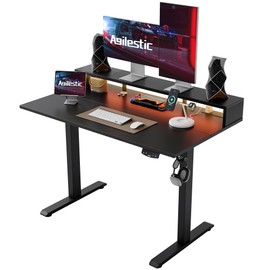 Electric Height Adjustable Standing Desk with Power Outlet and LED Light Strip, Sit to Stand, Ergonomic 48x24" Rising Desk with Memory Presets, Home Office Workstation, Computer Gaming Table, Black