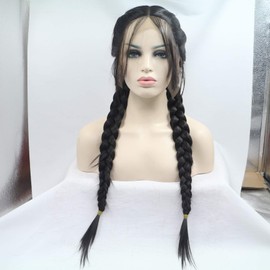 Black Double Braided Wig with Baby Hair, 2 x Twisted Braids Long Hair Glueless Synthetic Lace Front Wig Heat Resistant Synthetic Lace Wig for Women (2 x Black Color)