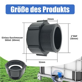 Chengshi Water Tank Accessories DN50 2 Inch S60X6 60 mm Coarse Thread to Reduce IBC Adapter 2 Inch BSP Male Thread IBC Connector for Rainwater Tank Plastic Black, 1000 Litres